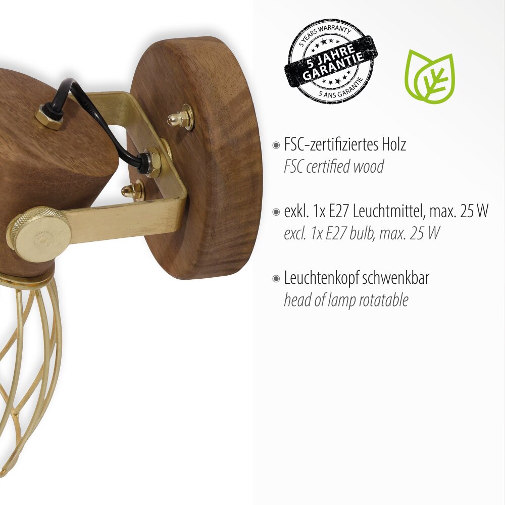 Leuchten-Direkt ALAMI Wall Light Dark wood, 1-light source