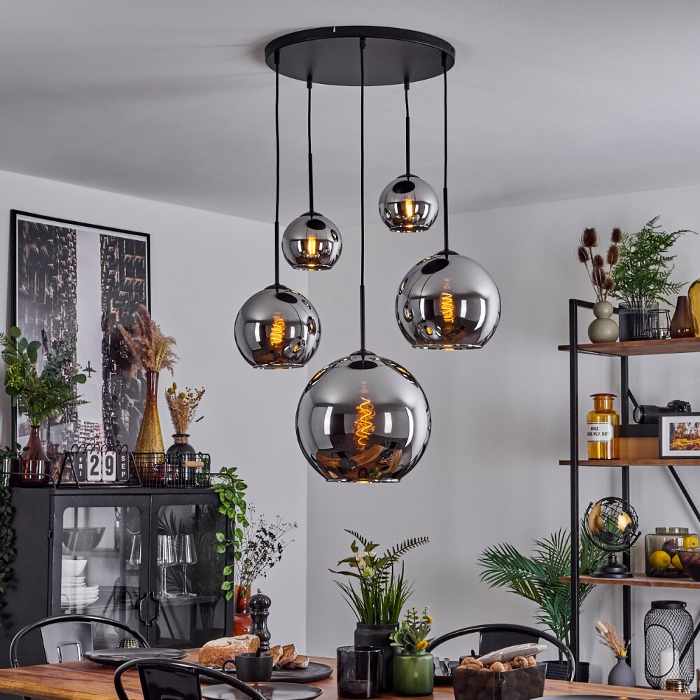 Koyoto  Pendant Light glass 15 cm, 20 cm, 25 cm, 30cm chrome, Smoke-coloured, 5-light sources