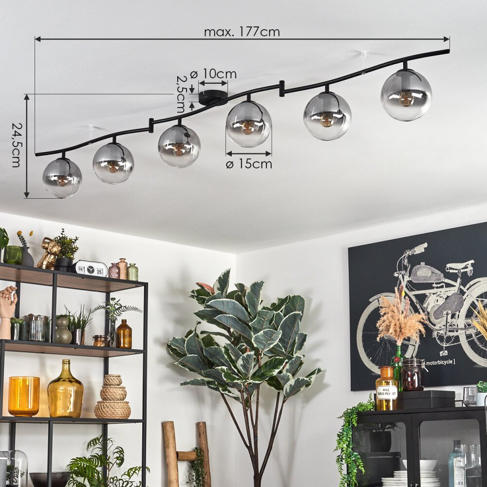 Gastor ceiling light, globe light chrome, clear, Smoke-coloured, 6-light sources