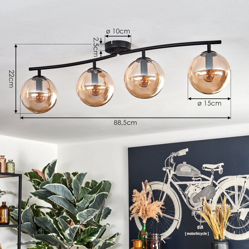 Gastor ceiling light, globe light Amber, 4-light sources