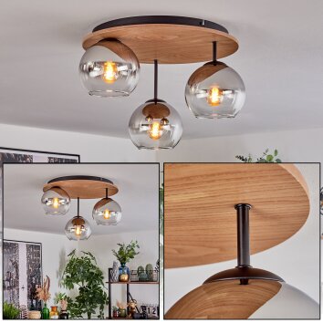 Koyoto ceiling light, globe light 40 cm brown, Wood like finish, black, 3-light sources