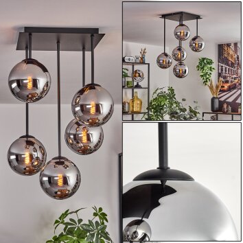 Gastor ceiling light, globe light chrome, Smoke-coloured, 5-light sources