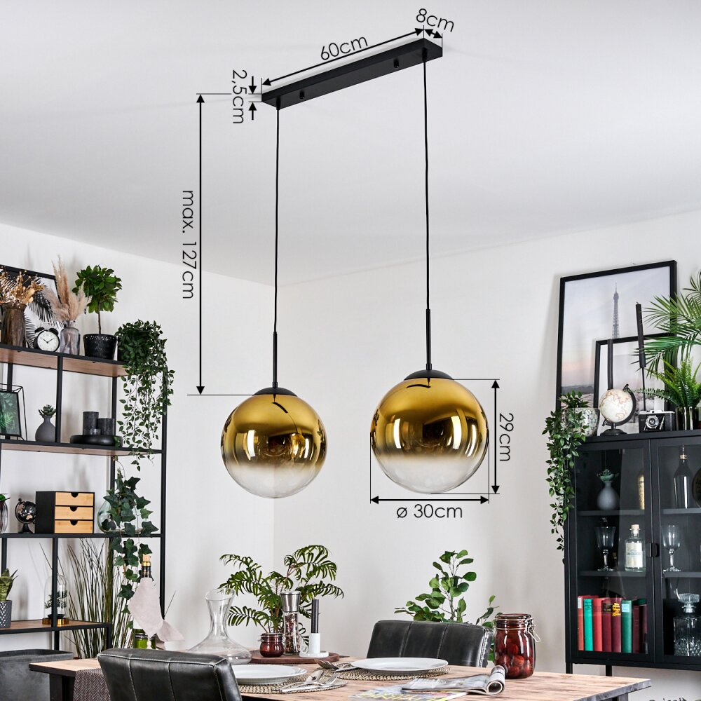 Gastor hanging light, globe light, pendant light gold, clear, 2-light sources