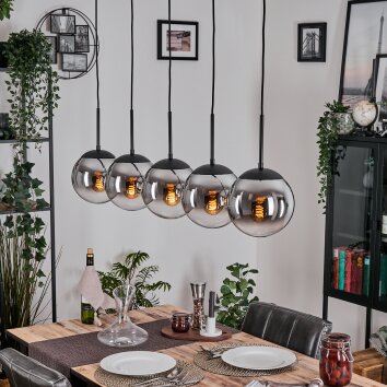 Gastor hanging light, globe light, pendant light chrome, clear, Smoke-coloured, 5-light sources