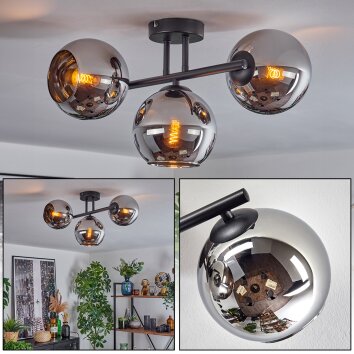 Koyoto ceiling light, globe light chrome, Smoke-coloured, 3-light sources