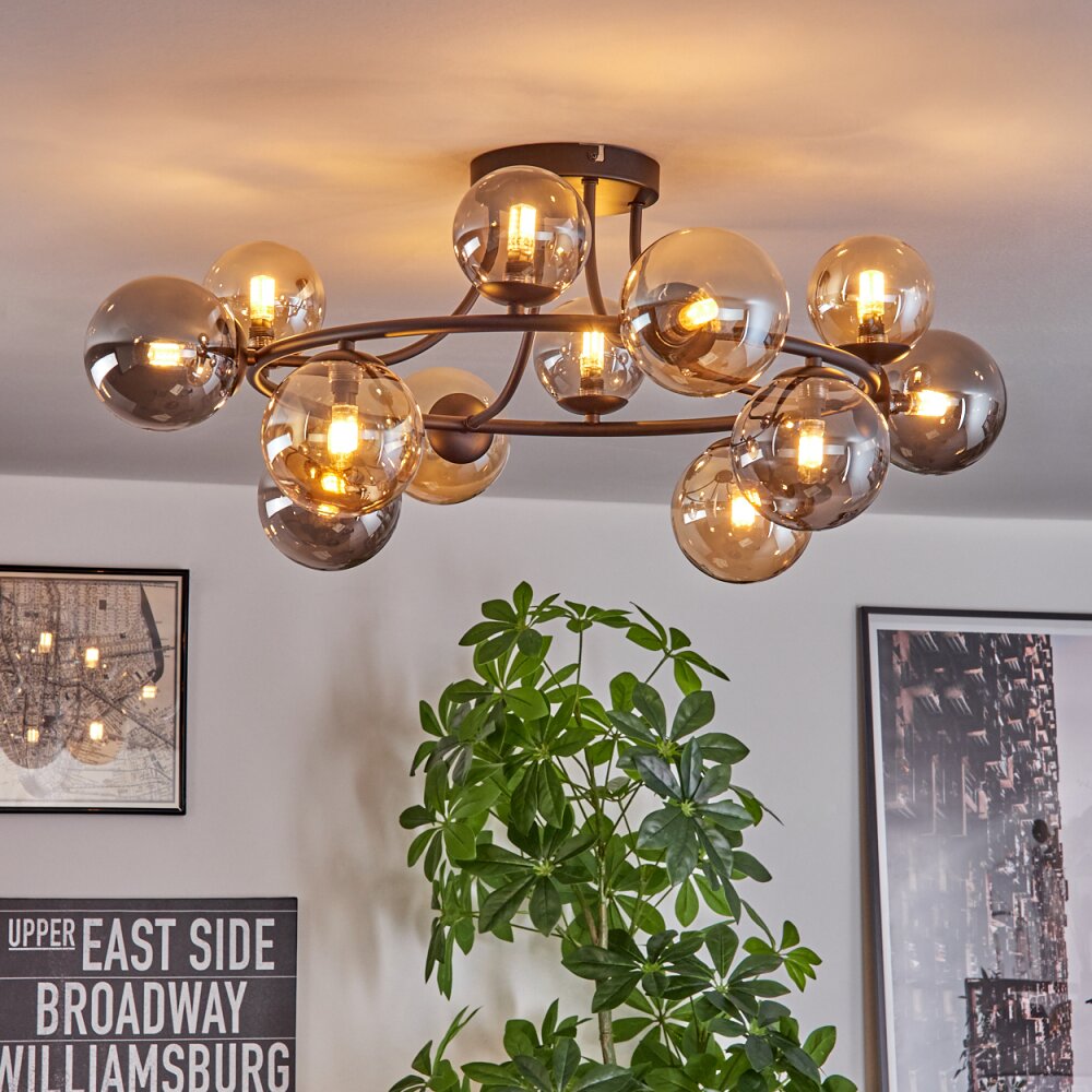 Chehalis ceiling light, globe light 76 cm Amber, Smoke-coloured, 12-light sources