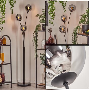 Gastor globe light, floor lamp chrome, Smoke-coloured, 3-light sources