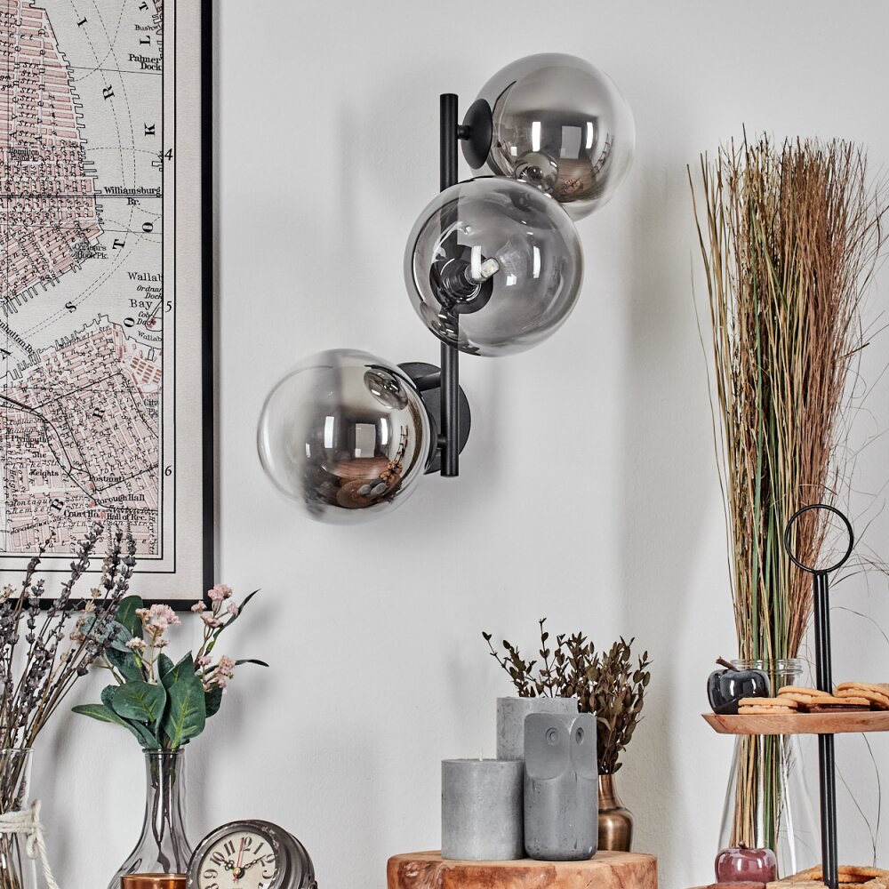 Chehalis globe light, wall light 33 cm chrome, clear, Smoke-coloured, 3-light sources