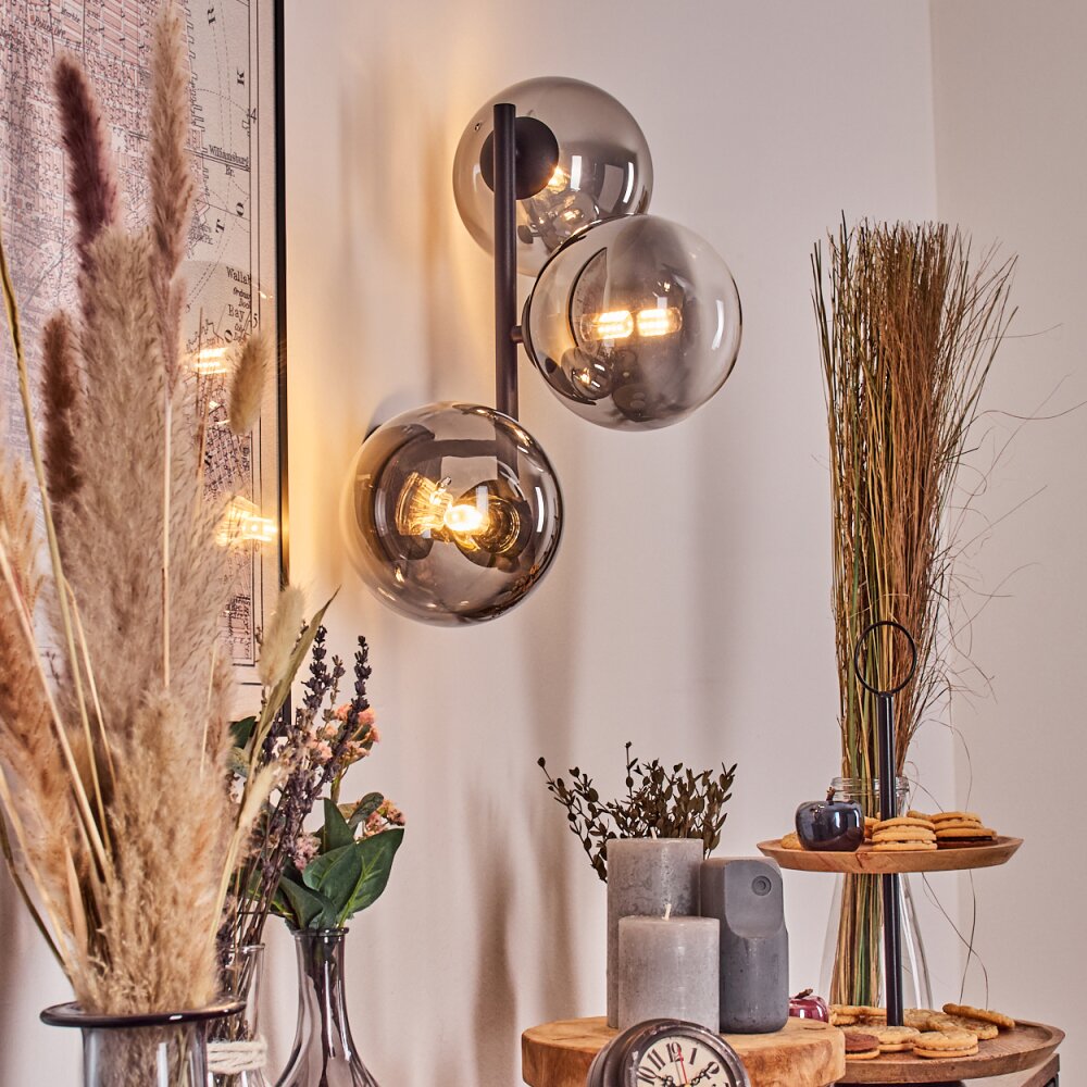 Chehalis globe light, wall light 33 cm chrome, clear, Smoke-coloured, 3-light sources