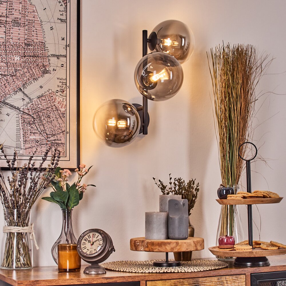 Chehalis globe light, wall light 33 cm chrome, clear, Smoke-coloured, 3-light sources