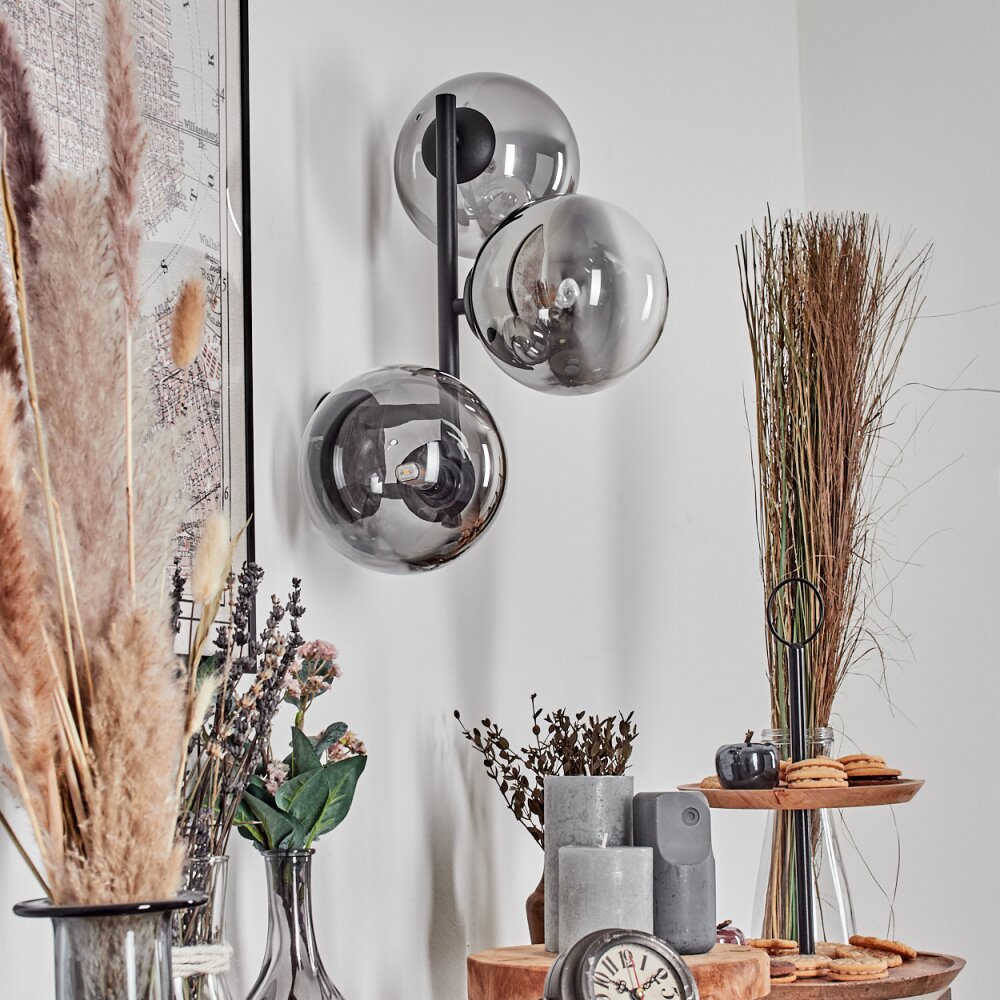 Chehalis globe light, wall light 33 cm chrome, clear, Smoke-coloured, 3-light sources