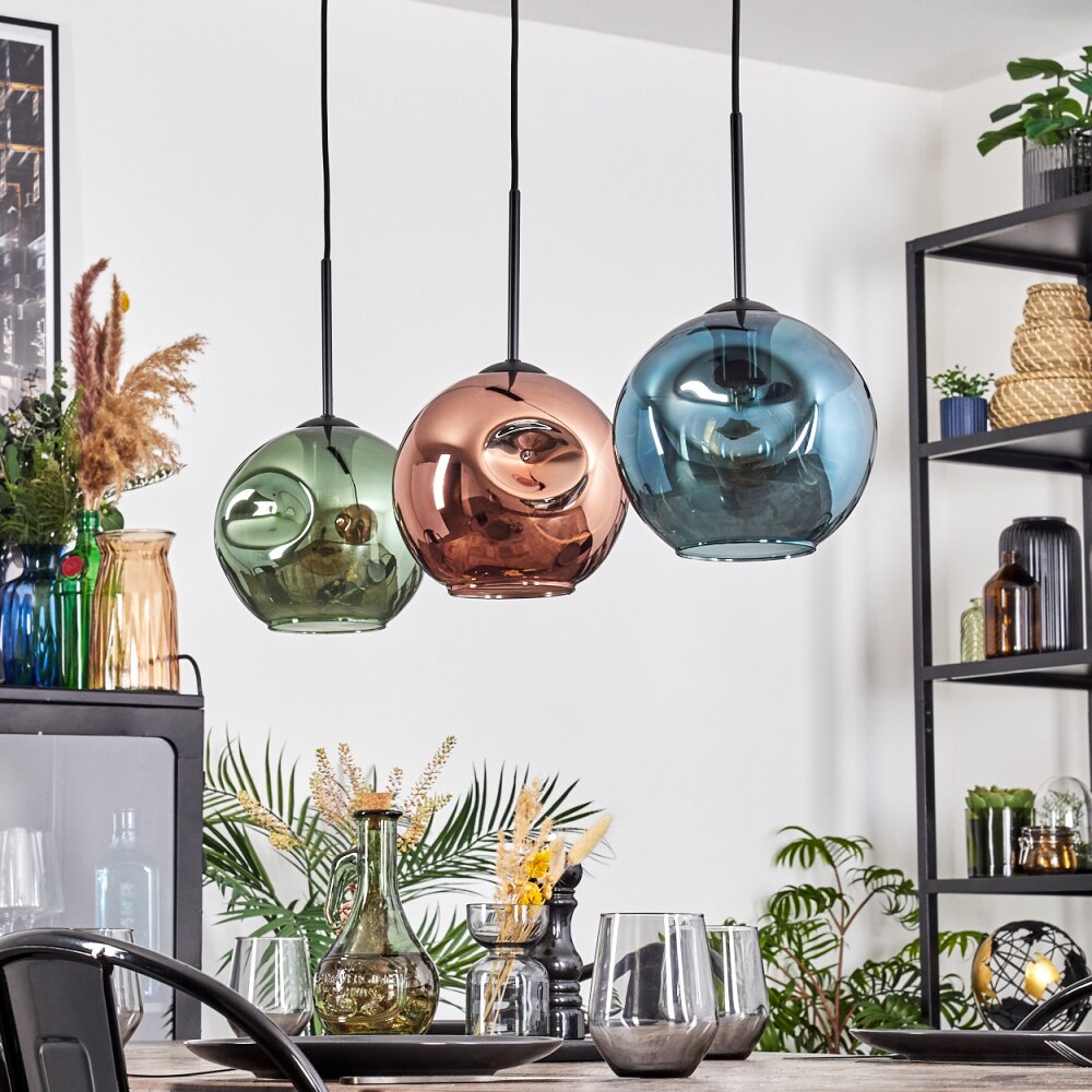 Ripoll hanging light, globe light, pendant light blue, green, coppery, 3-light sources