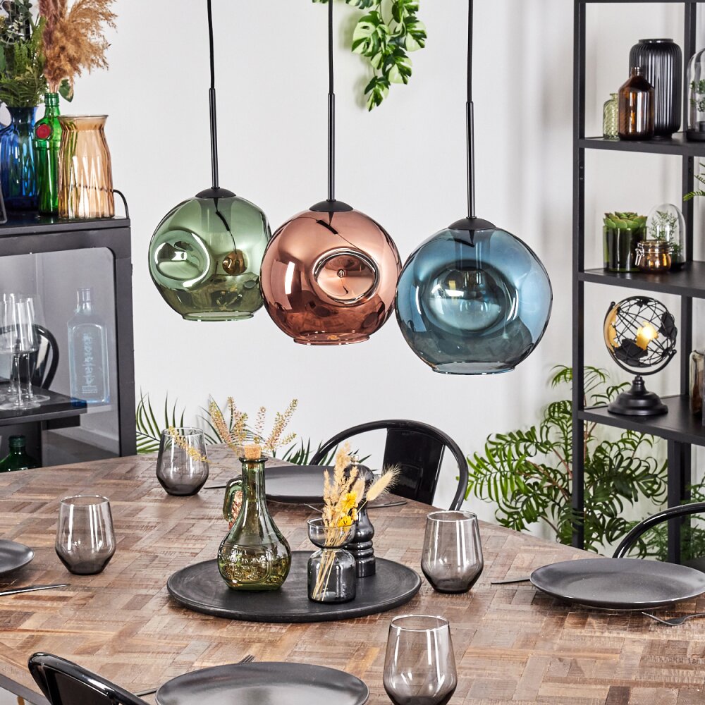 Ripoll hanging light, globe light, pendant light blue, green, coppery, 3-light sources