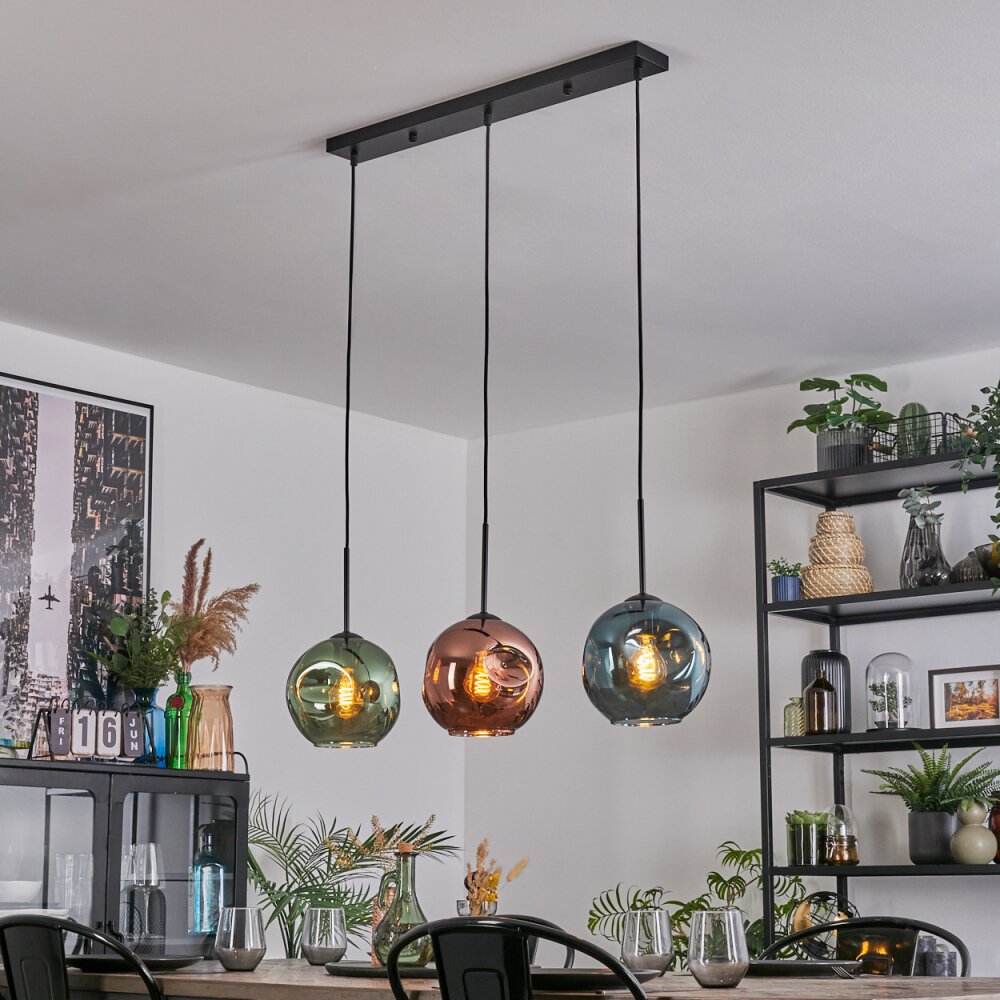 Ripoll hanging light, globe light, pendant light blue, green, coppery, 3-light sources