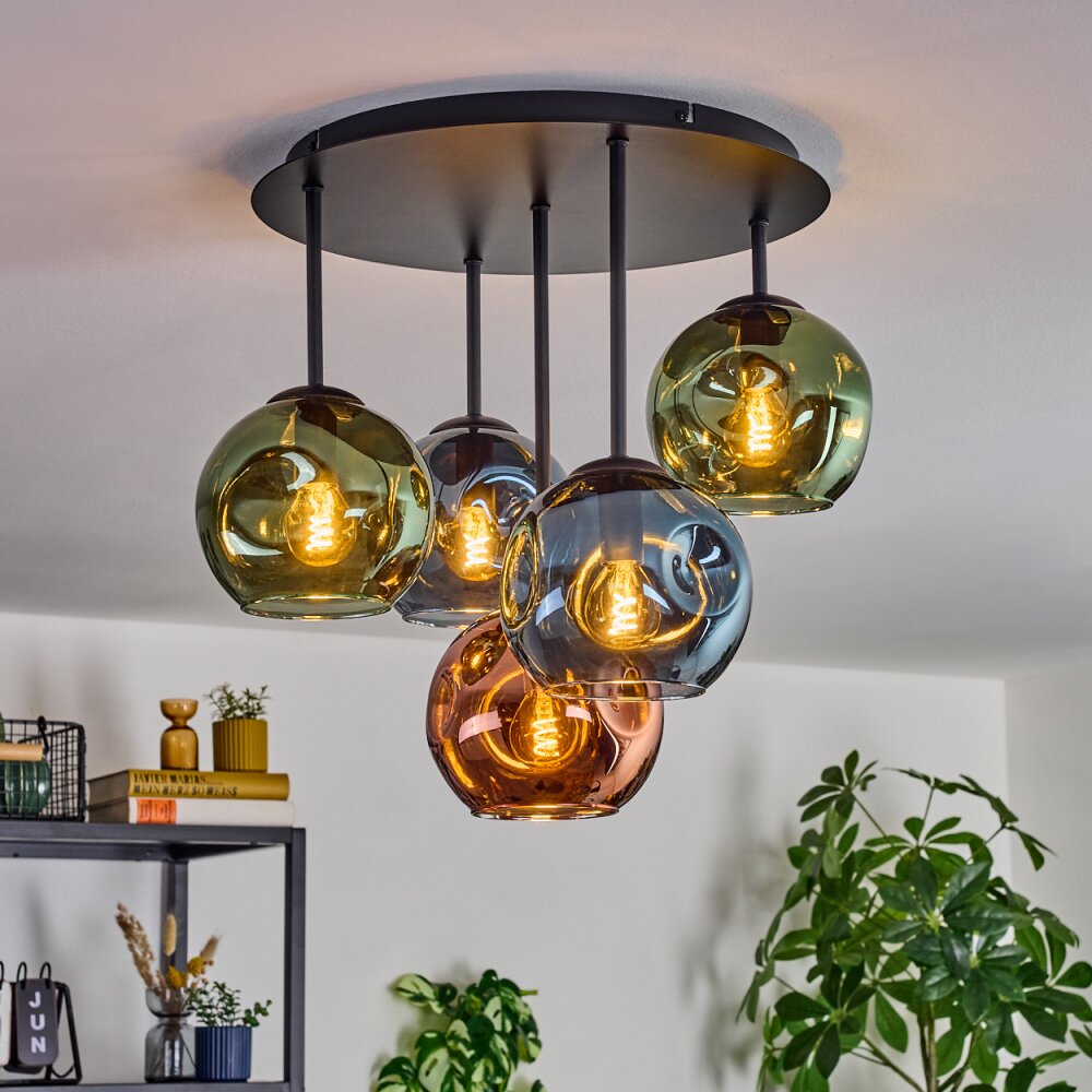 Ripoll ceiling light, globe light blue, green, coppery, 5-light sources