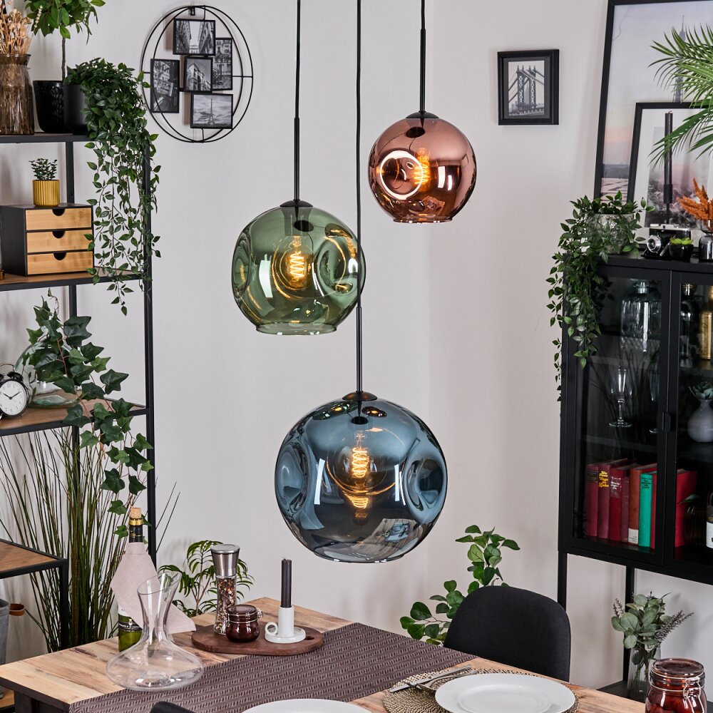 Ripoll hanging light, globe light, Cluster pendant lamp blue, green, coppery, 3-light sources main product photo