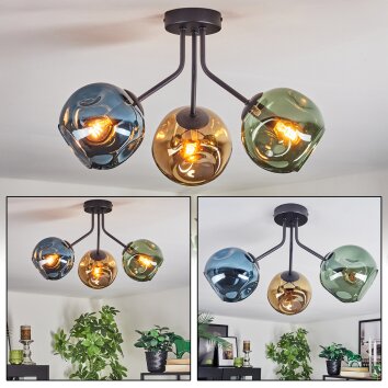Ripoll ceiling light, globe light blue, gold, green, 3-light sources
