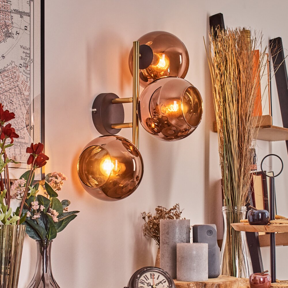 Koyoto globe light, wall light gold, black, 3-light sources