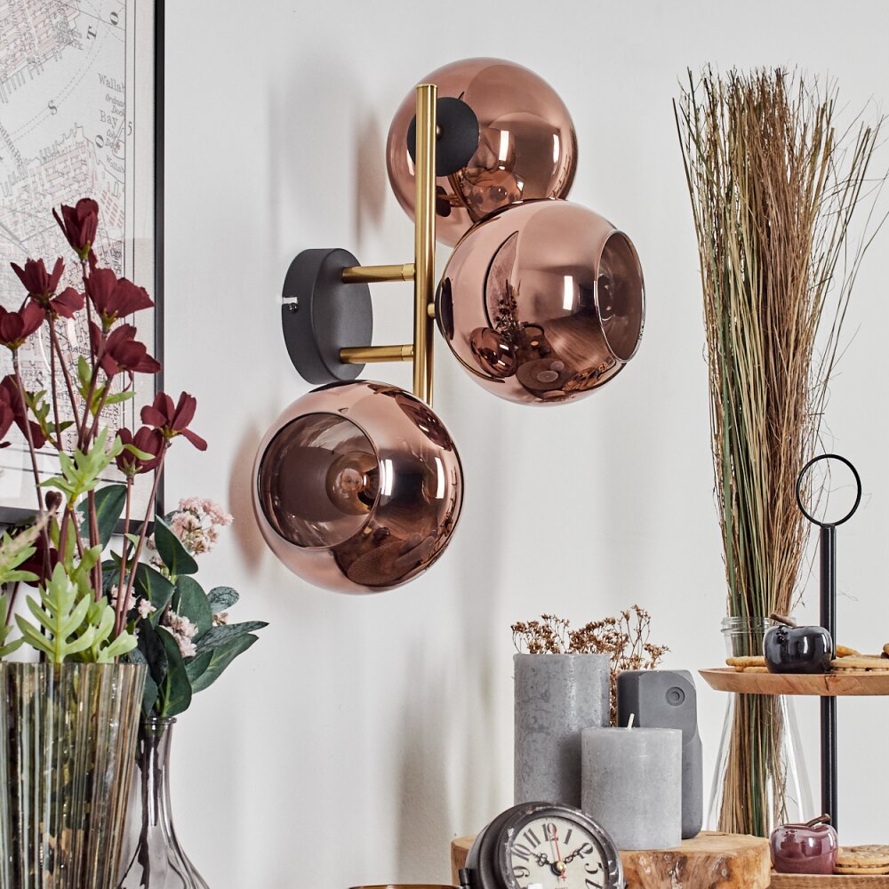Koyoto globe light, wall light gold, black, 3-light sources