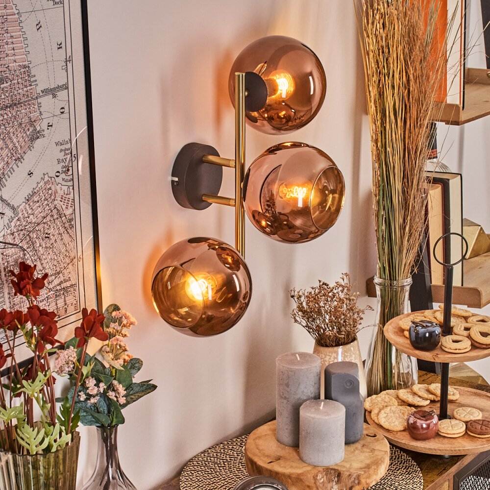 Koyoto globe light, wall light gold, black, 3-light sources