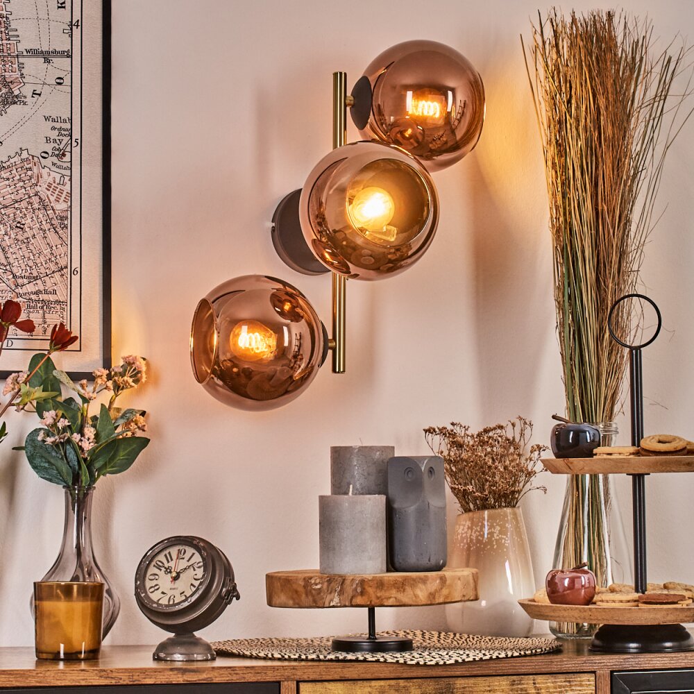 Koyoto globe light, wall light gold, black, 3-light sources