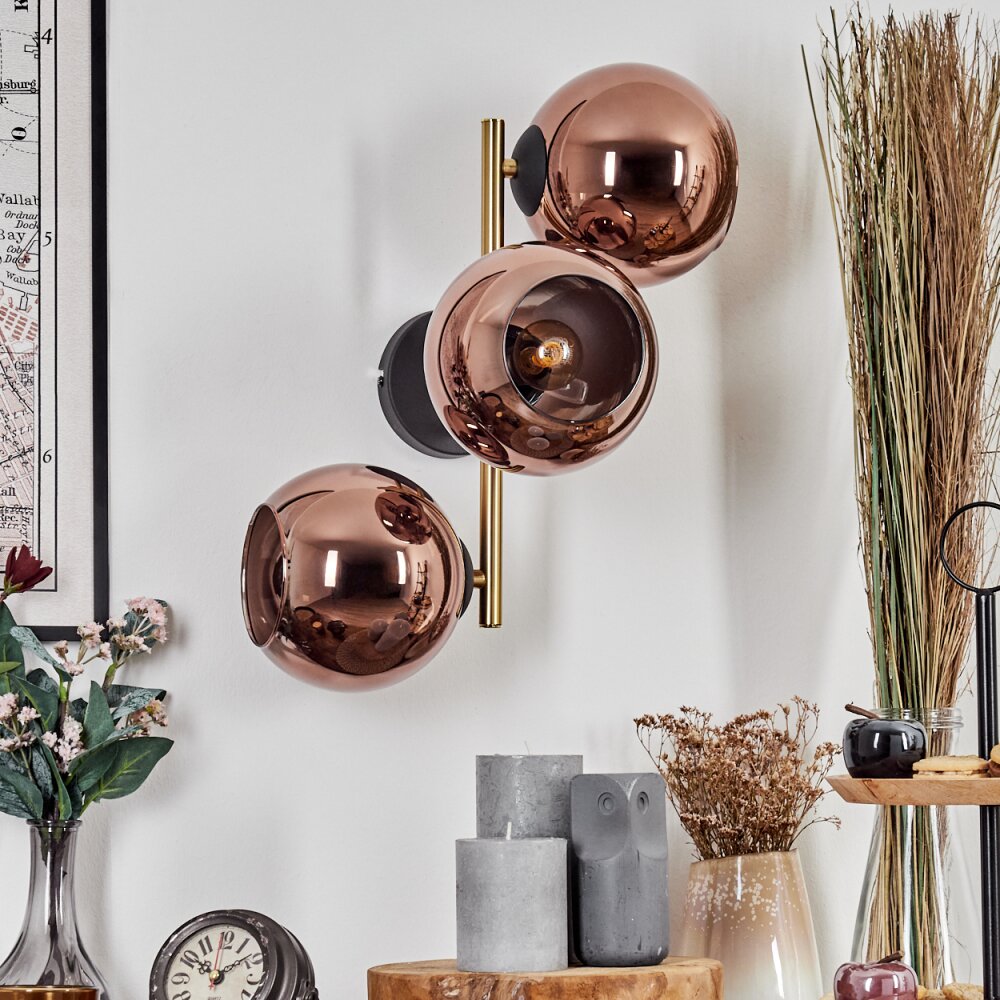 Koyoto globe light, wall light gold, black, 3-light sources